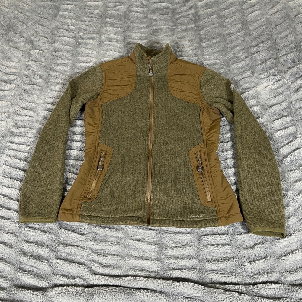 Eddie Bauer Womens XS Hybrid Sweater Fleece Jacket Full Zip Olive Green AP390